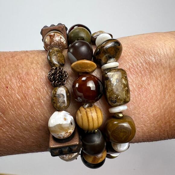 Handmade Beaded Bracelet Trio Chunky Brown Earth Tones Mixed Metals Wood - Picture 4 of 7